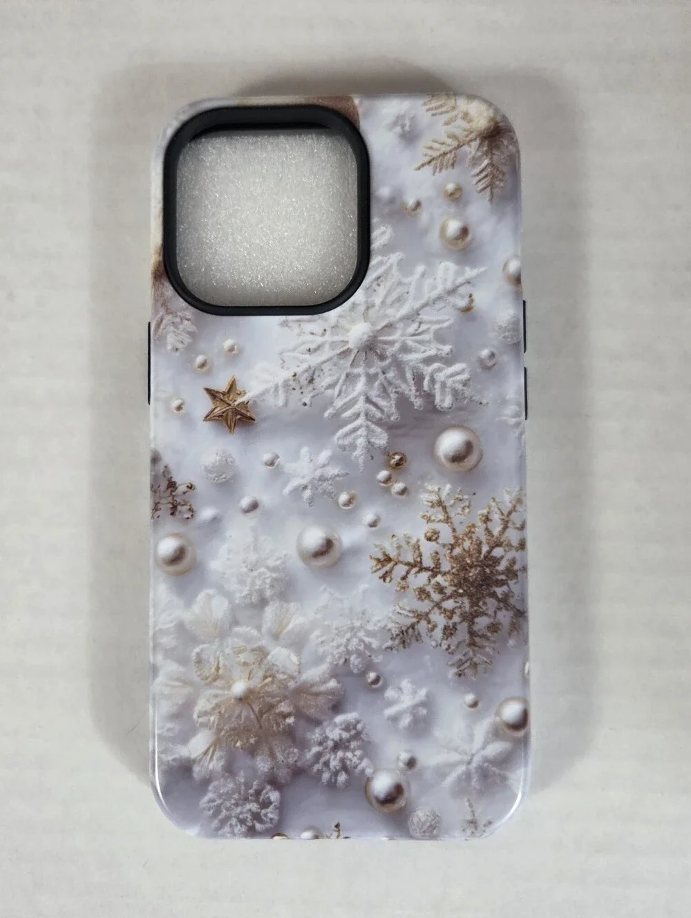 iPhone 15 Pro Cell Phone Case NEW -White & Gold -Snowflakes -Christmas